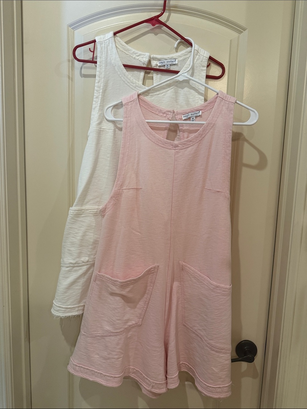 Soft Pink Sleeveless Romper with Pockets and off white Romper - you get both!!